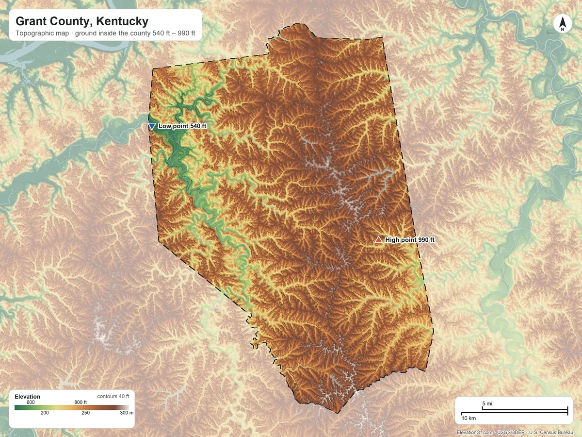 Topographic elevation map of Grant County, Kentucky, shaded from 540 ft on the northwest side to 990 ft on Coopertown Hill