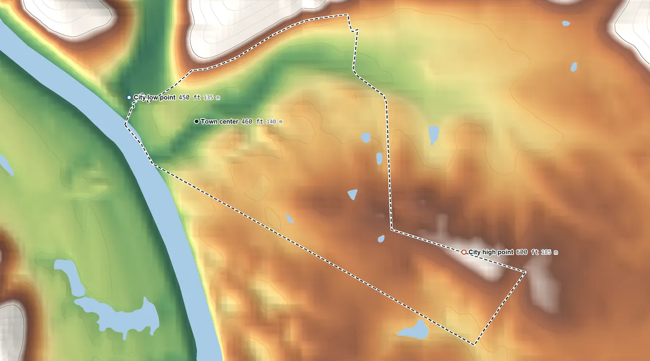 Topographic elevation map of Gratz, Kentucky, shaded from 450 ft on the west side to 600 ft on the southeast side