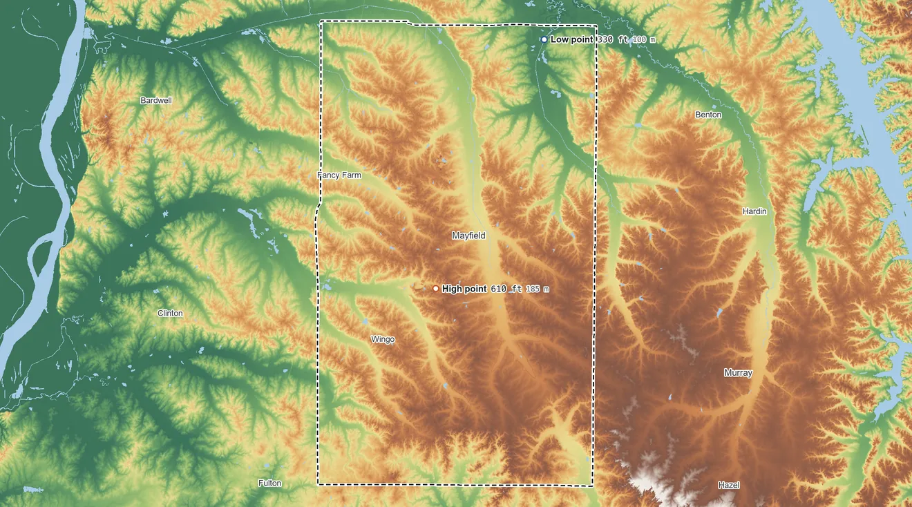 Topographic elevation map of Graves County, Kentucky, shaded from 330 ft on the north side to 610 ft near the middle