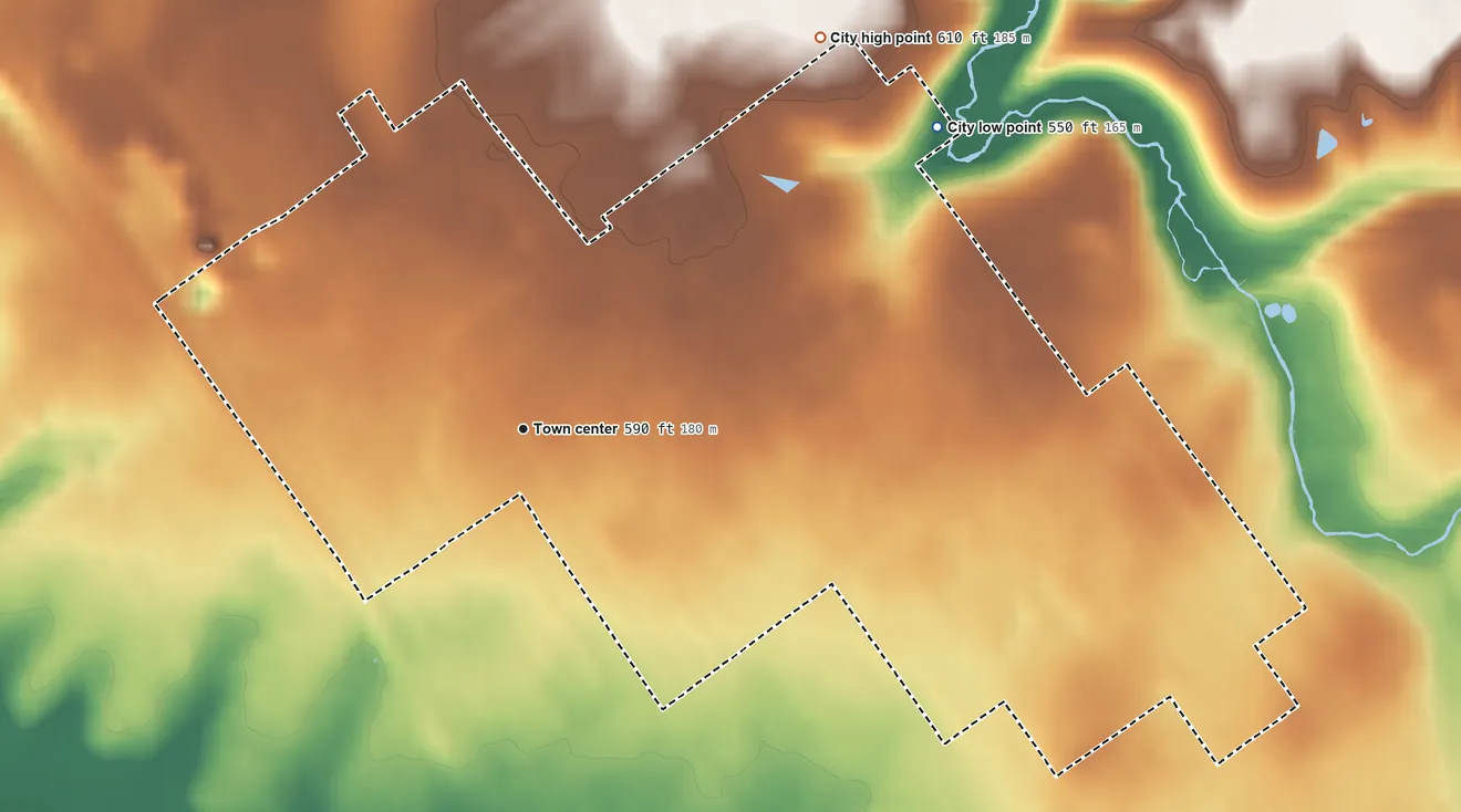 Topographic elevation map of Graymoor-Devondale, Kentucky, shaded from 550 ft on the northeast side to 610 ft on the northeast side