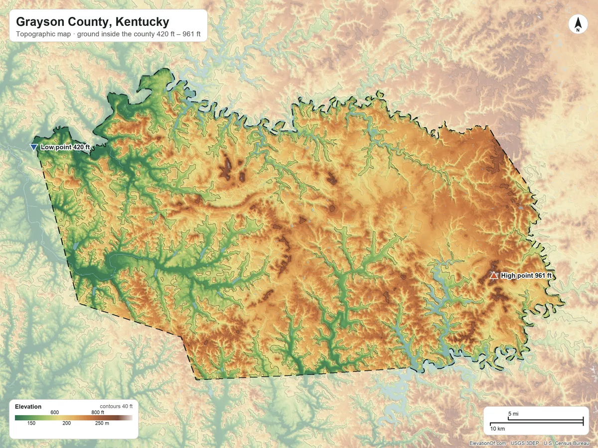 Topographic elevation map of Grayson County, Kentucky, shaded from 420 ft on the west side to 961 ft on Buzzard Roost