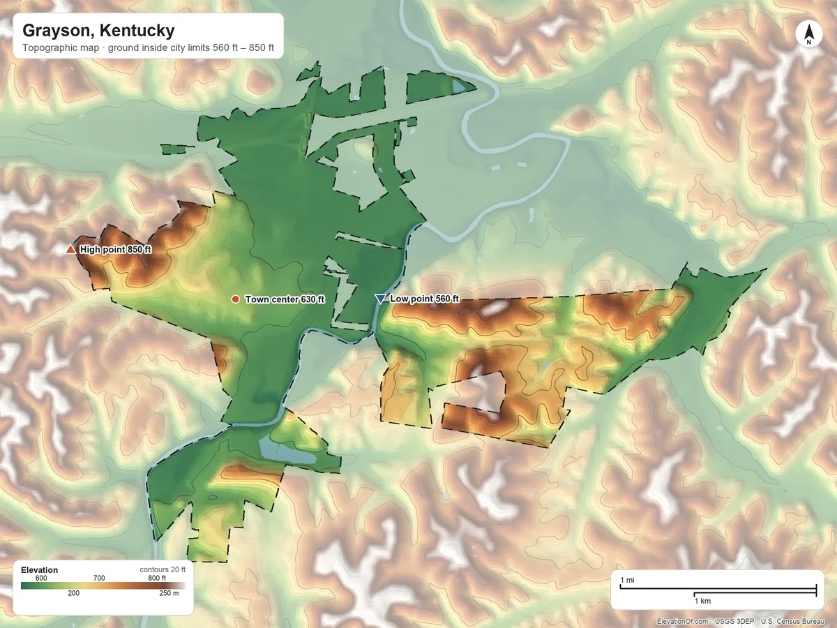 Topographic elevation map of Grayson, Kentucky, shaded from 560 ft on the east side to 850 ft on the west side