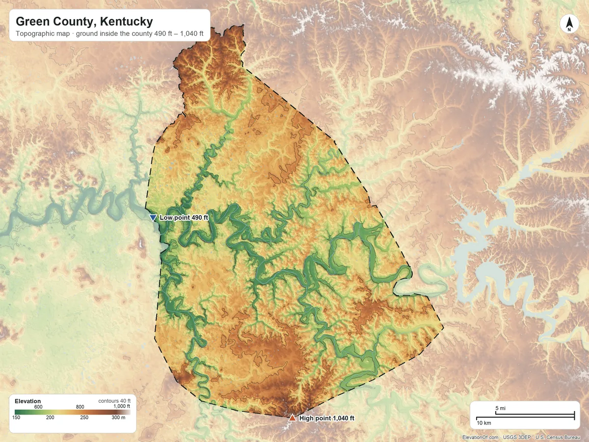 Topographic elevation map of Green County, Kentucky, shaded from 490 ft on the west side to 1,040 ft on the south side