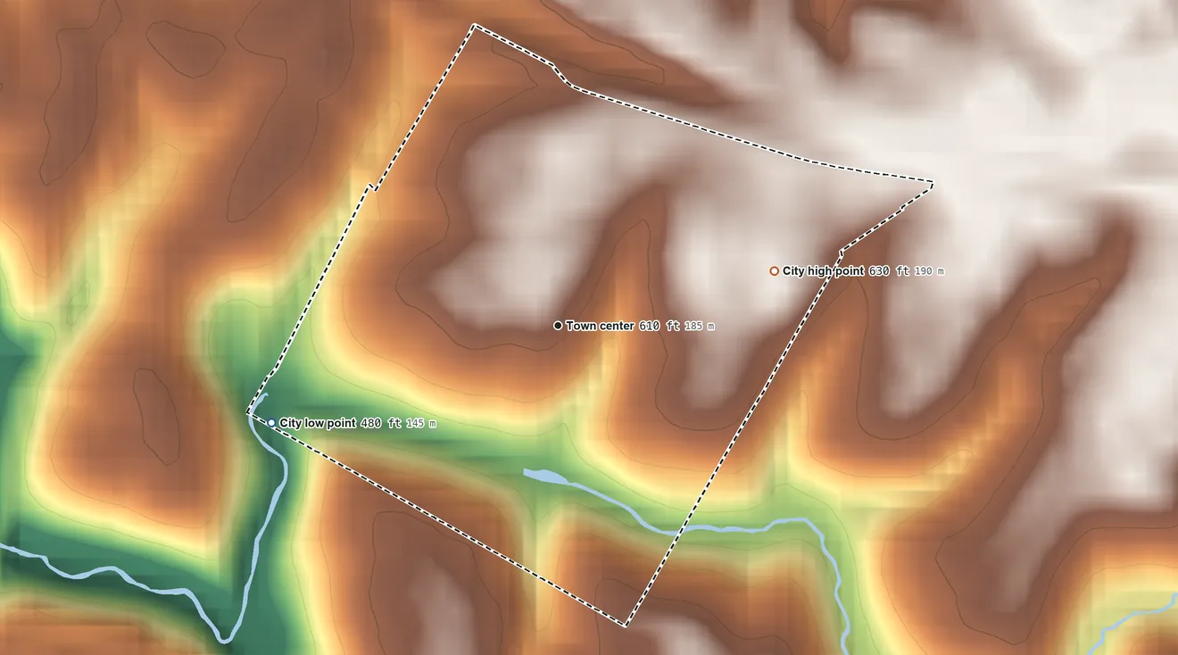 Topographic elevation map of Green Spring, Kentucky, shaded from 480 ft on the west side to 630 ft on the east side