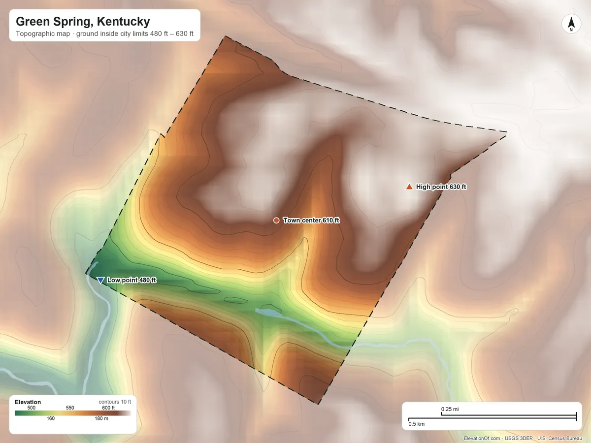 Topographic elevation map of Green Spring, Kentucky, shaded from 480 ft on the west side to 630 ft on the east side
