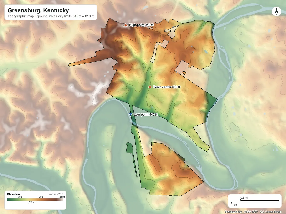 Topographic elevation map of Greensburg, Kentucky, shaded from 540 ft on the southwest side to 810 ft on the north side