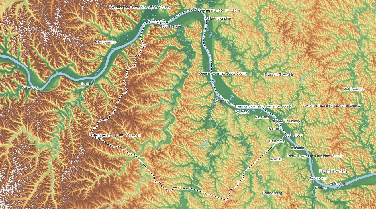 Topographic elevation map of Greenup County, Kentucky, shaded from 490 ft on the north side to 1,190 ft on the west side