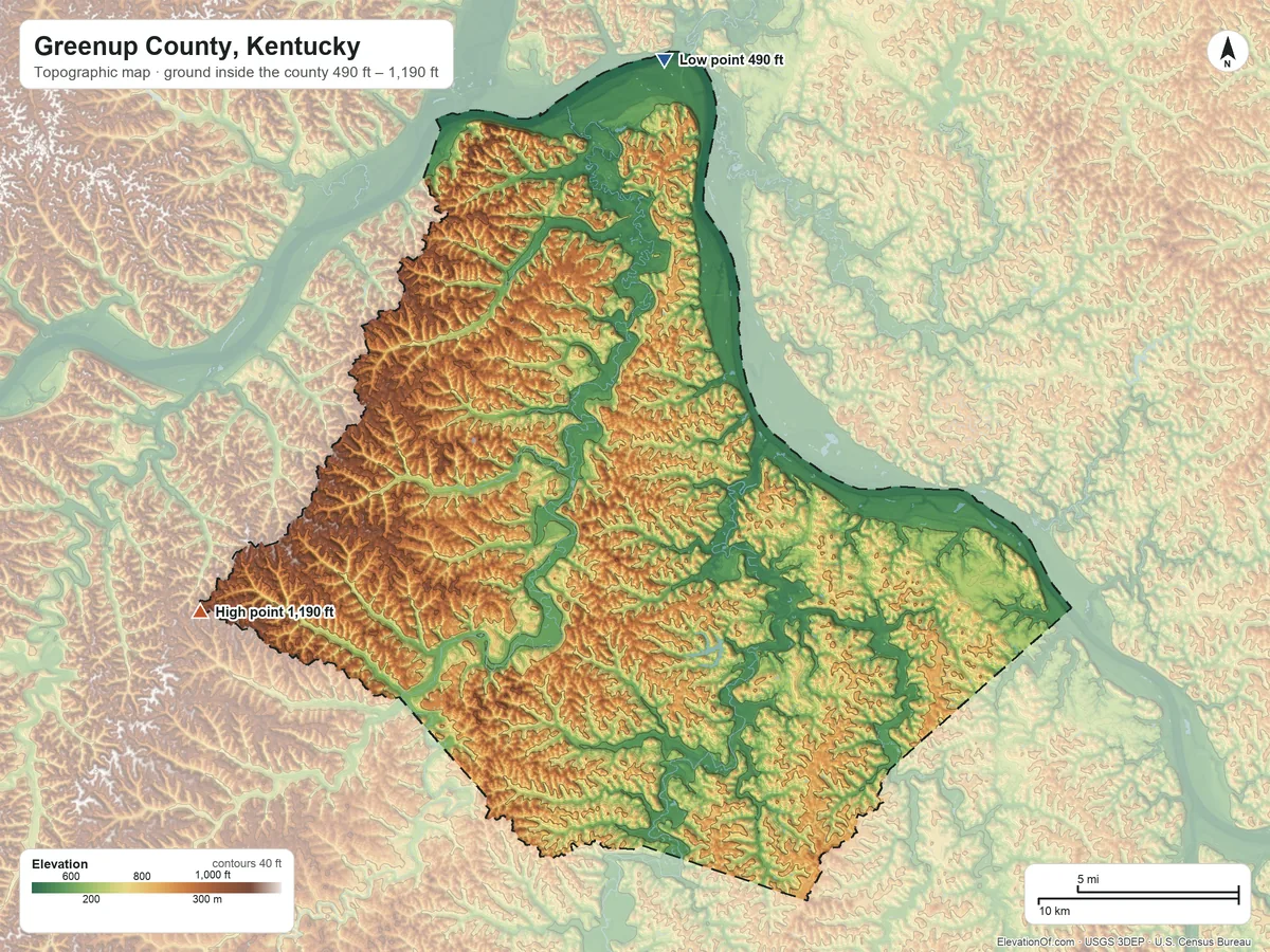 Topographic elevation map of Greenup County, Kentucky, shaded from 490 ft on the north side to 1,190 ft on the west side