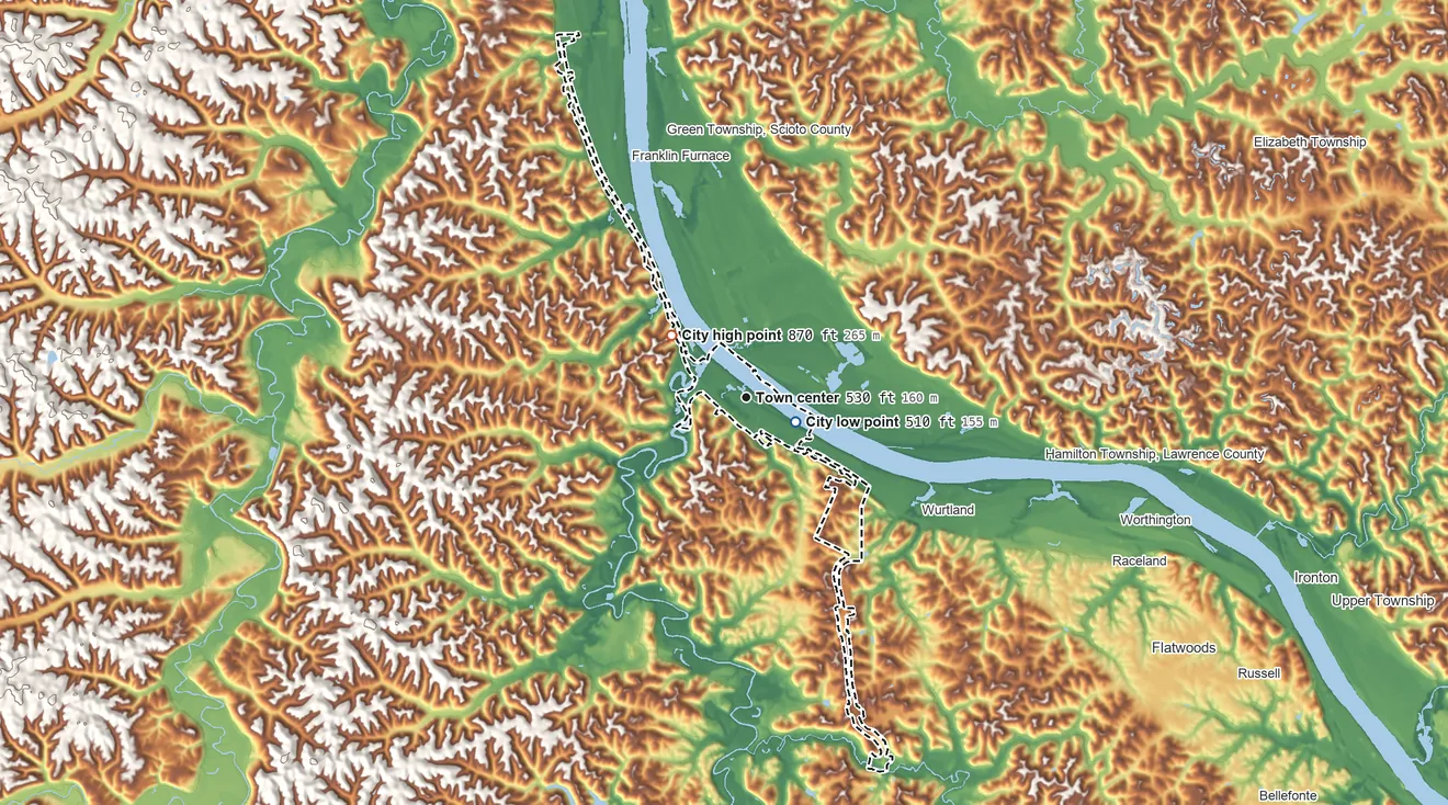 Topographic elevation map of Greenup, Kentucky, shaded from 510 ft near the middle to 870 ft on the northwest side