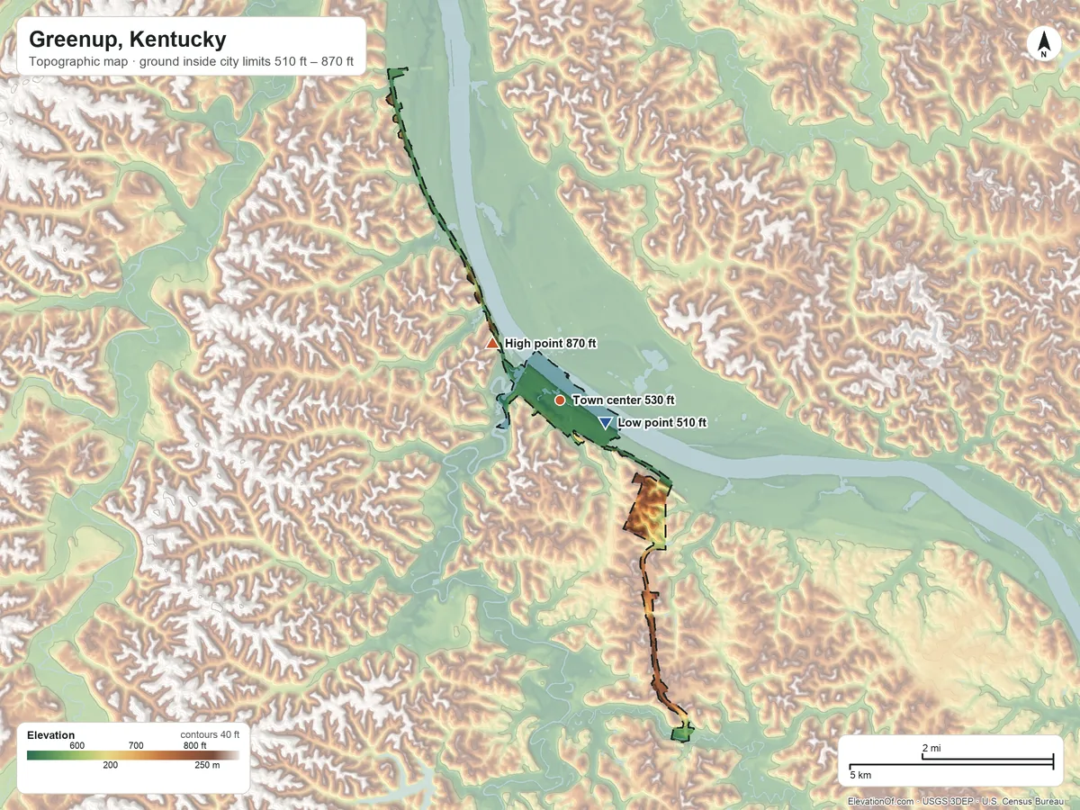 Topographic elevation map of Greenup, Kentucky, shaded from 510 ft near the middle to 870 ft on the northwest side