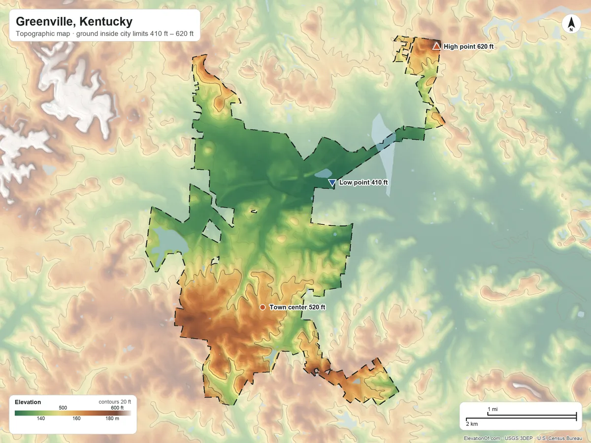 Topographic elevation map of Greenville, Kentucky, shaded from 410 ft on the northeast side to 620 ft on the northeast side