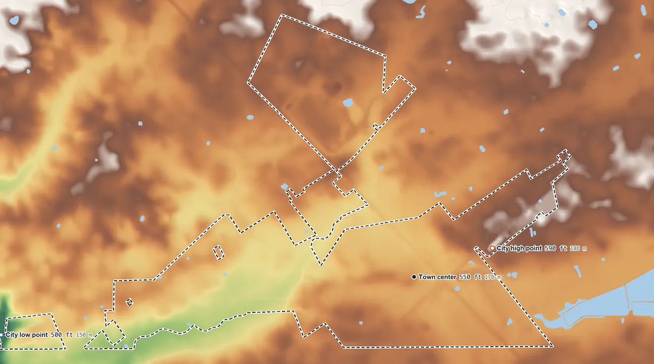 Topographic elevation map of Guthrie, Kentucky, shaded from 500 ft on the west side to 590 ft on the east side