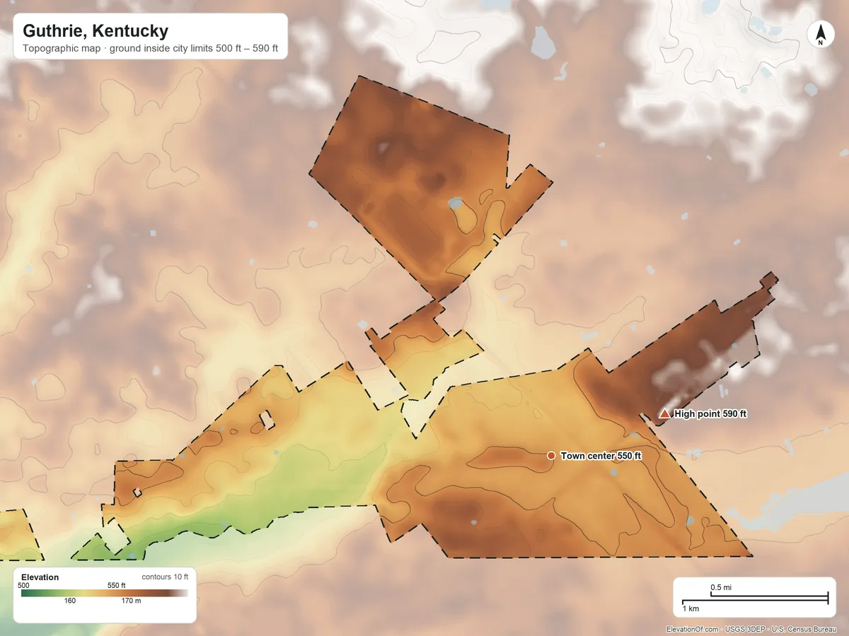Topographic elevation map of Guthrie, Kentucky, shaded from 500 ft on the west side to 590 ft on the east side