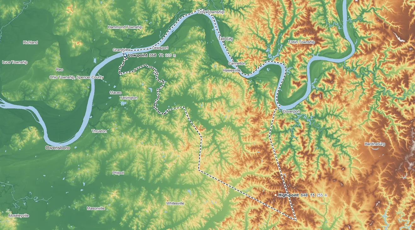 Topographic elevation map of Hancock County, Kentucky, shaded from 360 ft on the northwest side to 840 ft on the southeast side