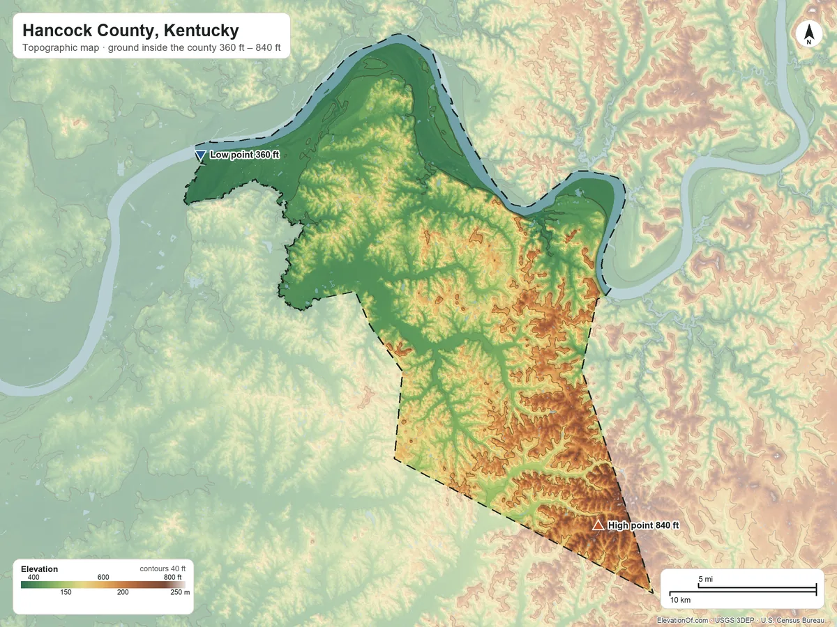 Topographic elevation map of Hancock County, Kentucky, shaded from 360 ft on the northwest side to 840 ft on the southeast side