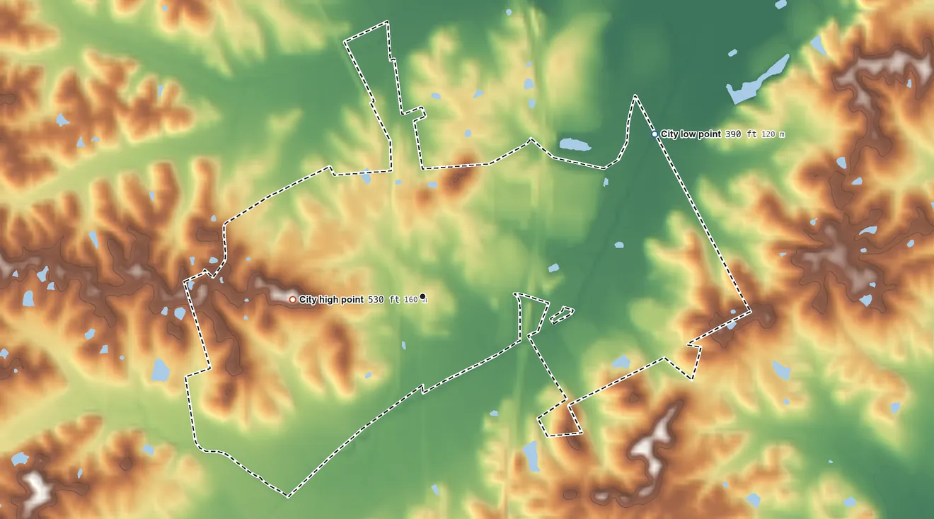 Topographic elevation map of Hanson, Kentucky, shaded from 390 ft on the northeast side to 530 ft on the west side