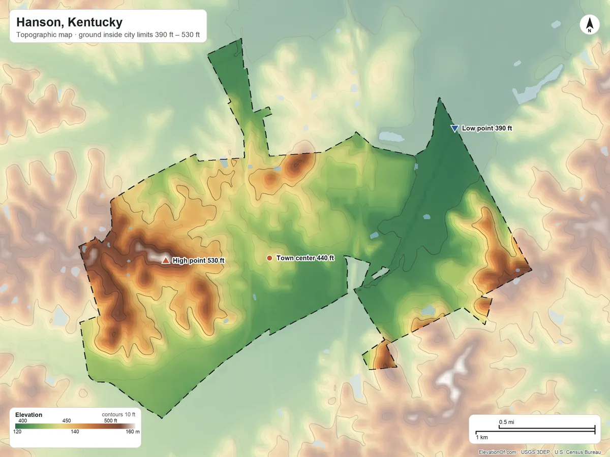Topographic elevation map of Hanson, Kentucky, shaded from 390 ft on the northeast side to 530 ft on the west side