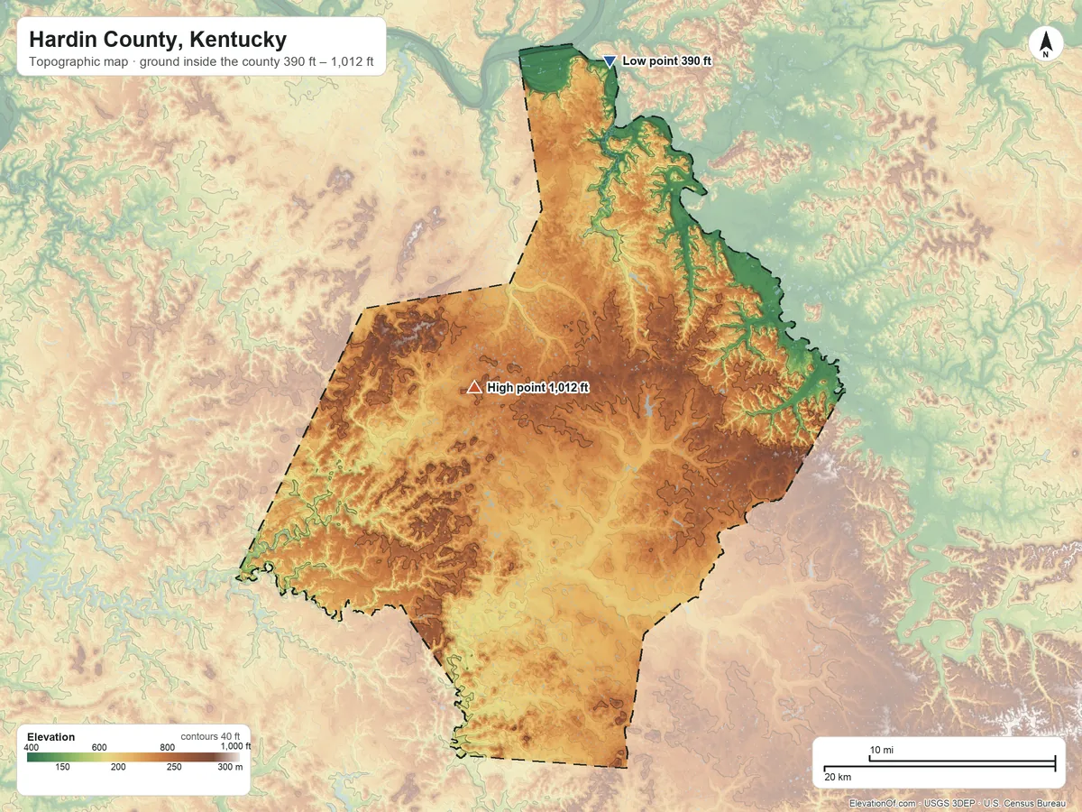 Topographic elevation map of Hardin County, Kentucky, shaded from 390 ft on the north side to 1,012 ft on Blueball Hill