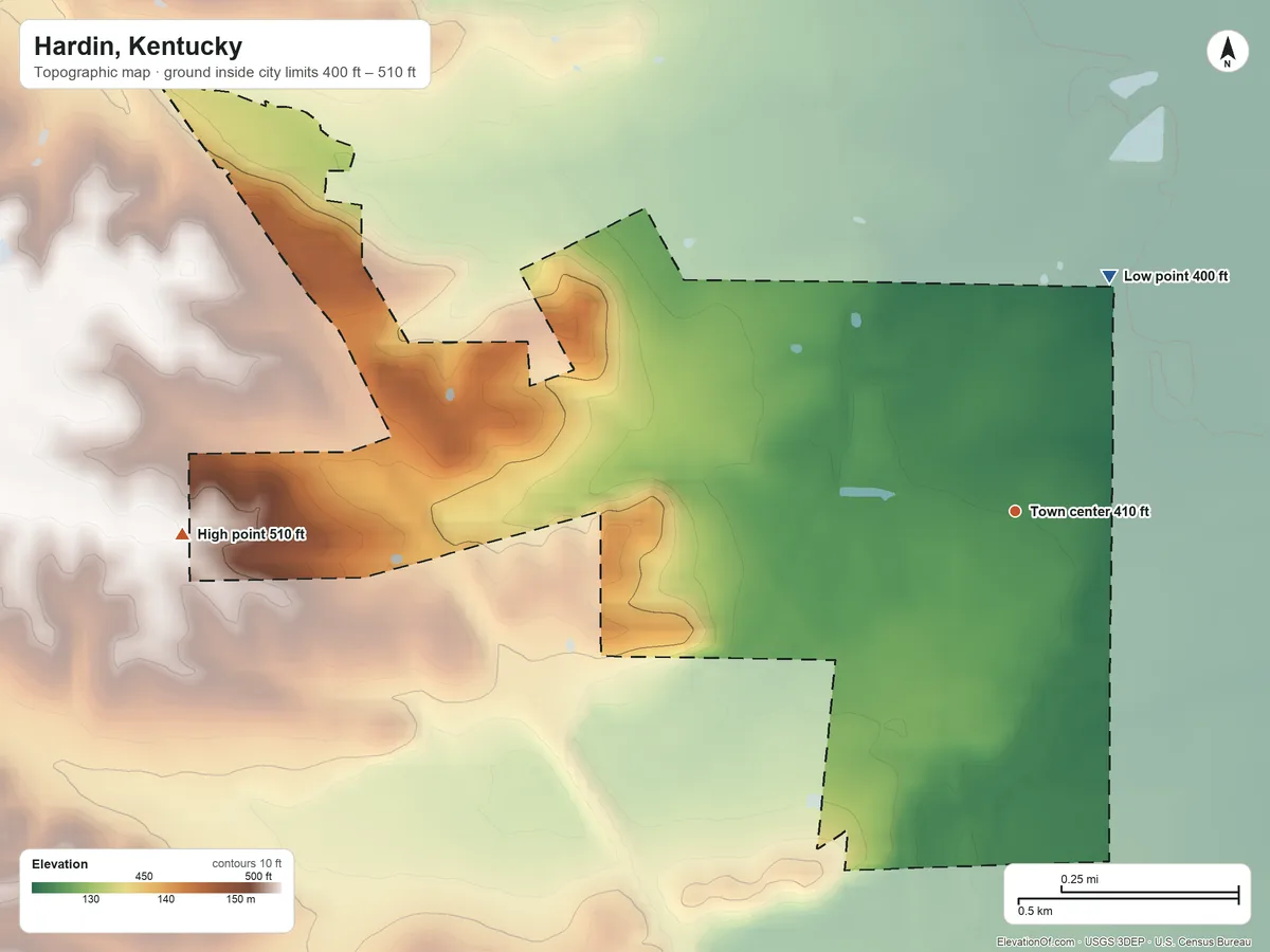 Topographic elevation map of Hardin, Kentucky, shaded from 400 ft on the north side to 510 ft on the west side