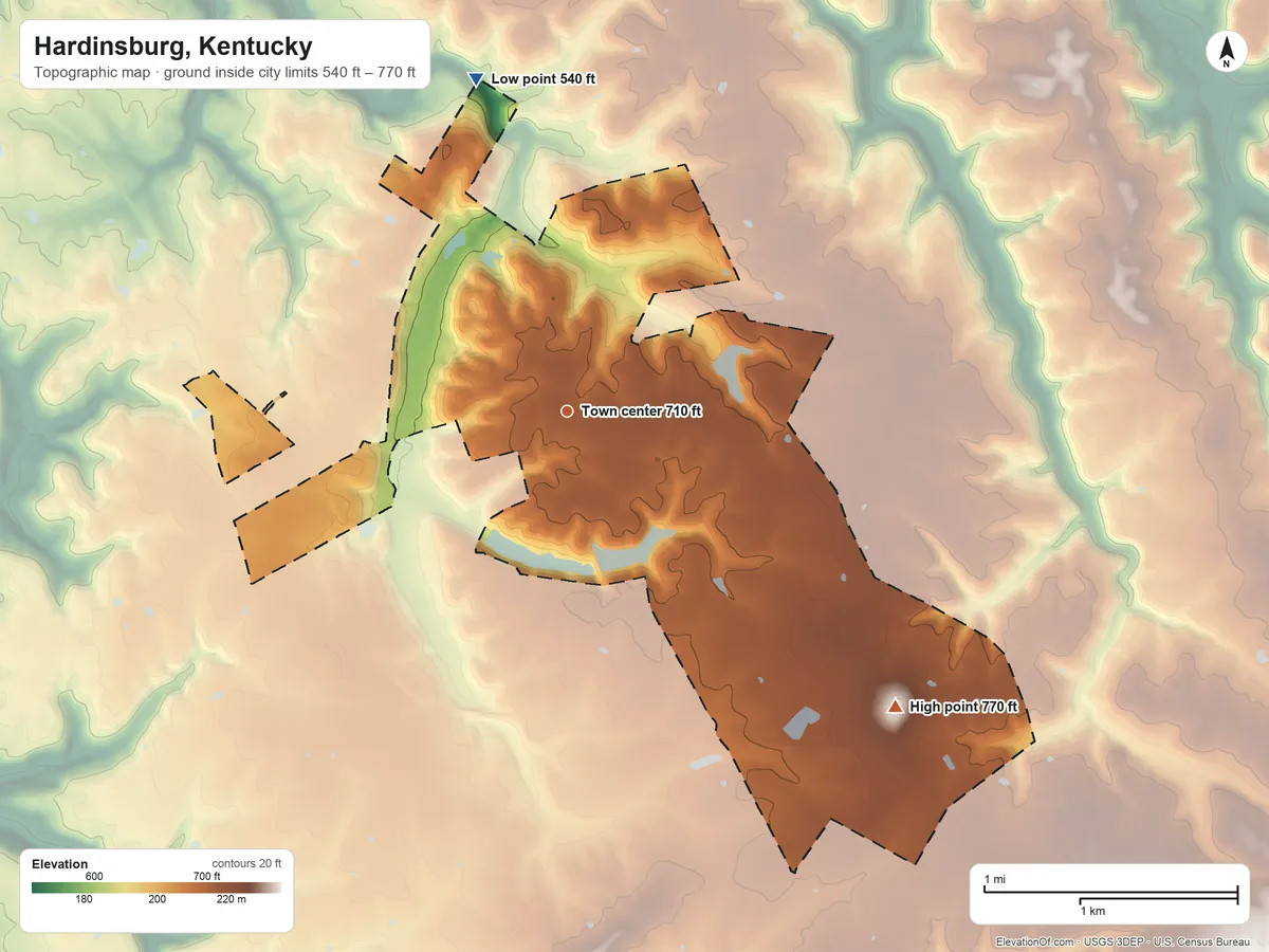 Topographic elevation map of Hardinsburg, Kentucky, shaded from 540 ft on the north side to 770 ft on the southeast side