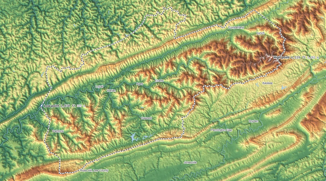 Topographic elevation map of Harlan County, Kentucky, shaded from 1,070 ft on the west side to 4,139 ft on Black Mountain