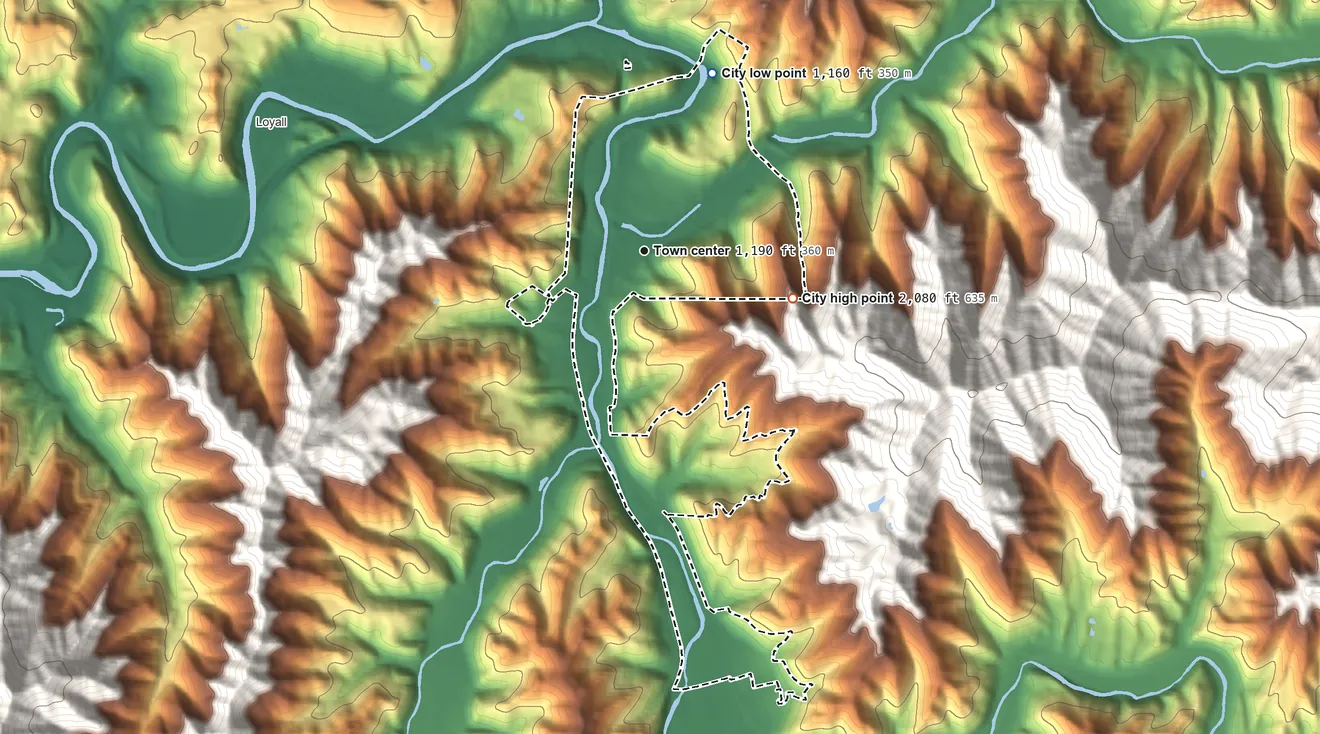 Topographic elevation map of Harlan, Kentucky, shaded from 1,160 ft on the north side to 2,080 ft at the foot of the Pine Mountain