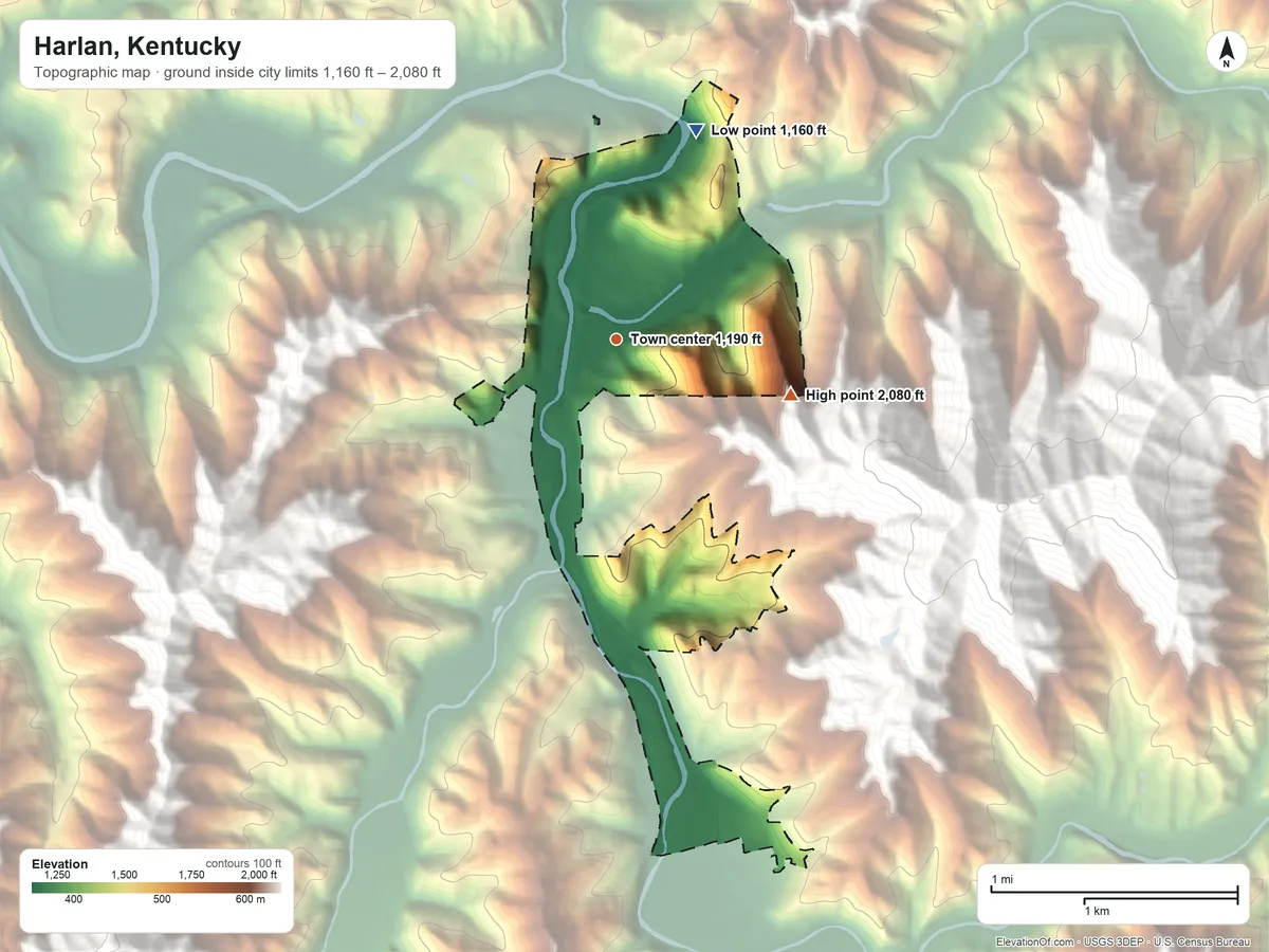 Topographic elevation map of Harlan, Kentucky, shaded from 1,160 ft on the north side to 2,080 ft at the foot of the Pine Mountain