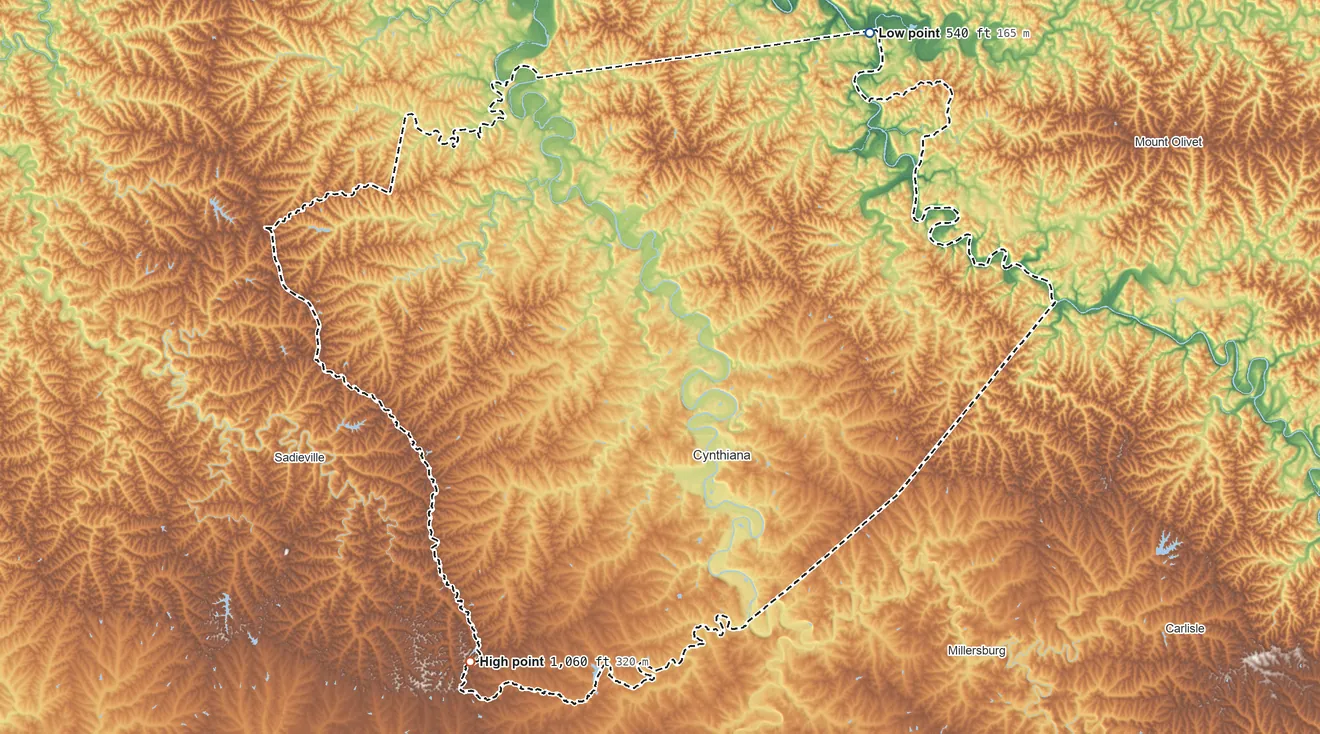 Topographic elevation map of Harrison County, Kentucky, shaded from 540 ft on the northeast side to 1,060 ft on the southwest side