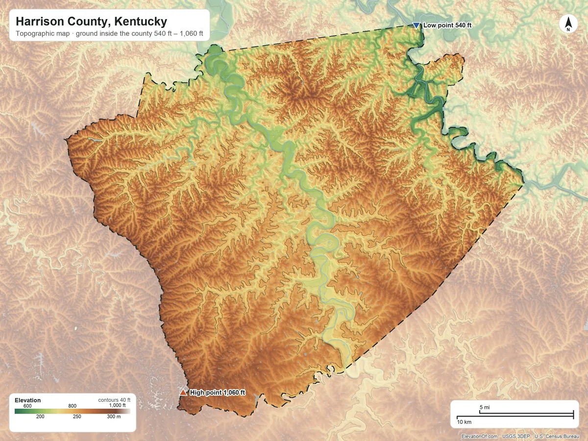 Topographic elevation map of Harrison County, Kentucky, shaded from 540 ft on the northeast side to 1,060 ft on the southwest side