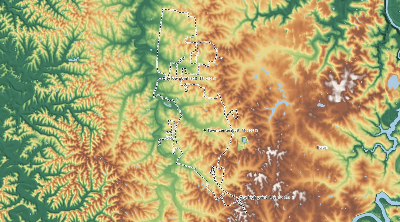 Topographic elevation map of Harrodsburg, Kentucky, shaded from 810 ft on the northwest side to 980 ft on the southeast side