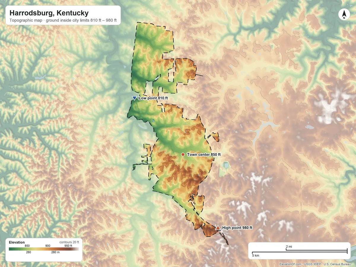 Topographic elevation map of Harrodsburg, Kentucky, shaded from 810 ft on the northwest side to 980 ft on the southeast side