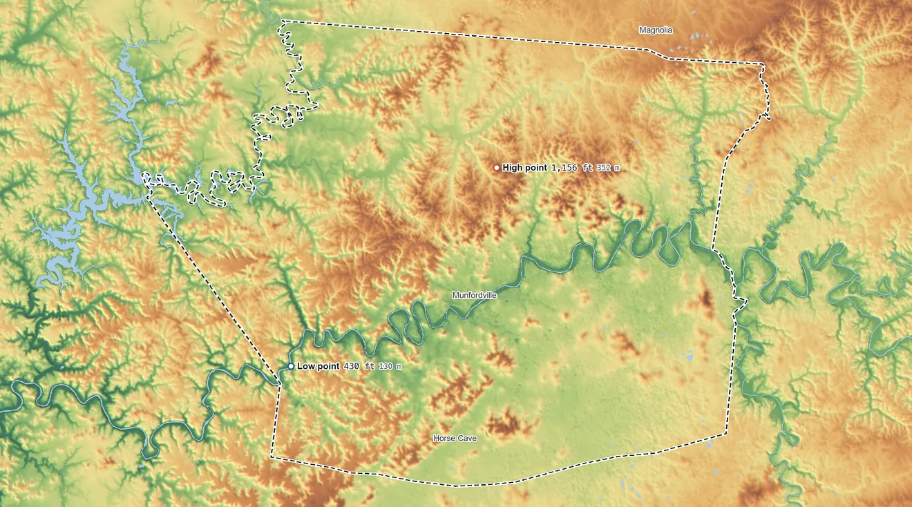 Topographic elevation map of Hart County, Kentucky, shaded from 430 ft on the southwest side to 1,156 ft on Frenchman Knob