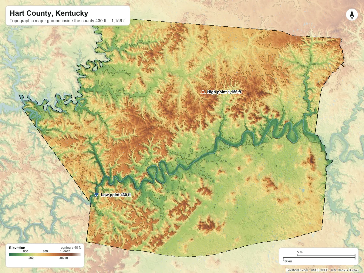 Topographic elevation map of Hart County, Kentucky, shaded from 430 ft on the southwest side to 1,156 ft on Frenchman Knob