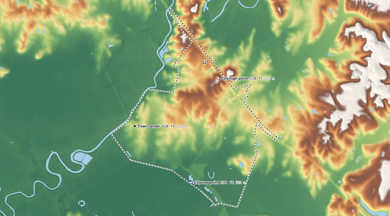Topographic elevation map of Hartford, Kentucky, shaded from 390 ft on the southeast side to 510 ft on the northeast side