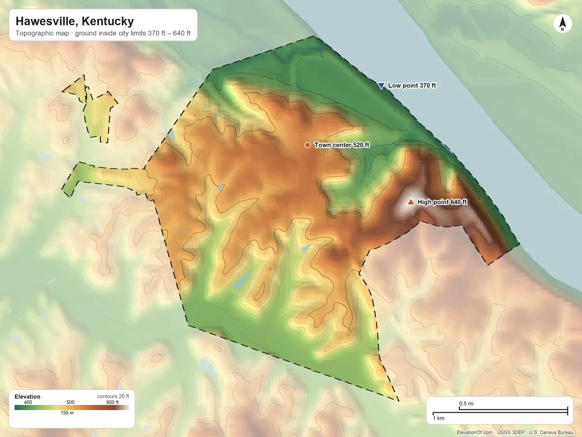 Topographic elevation map of Hawesville, Kentucky, shaded from 370 ft on the northeast side to 640 ft on the southeast side