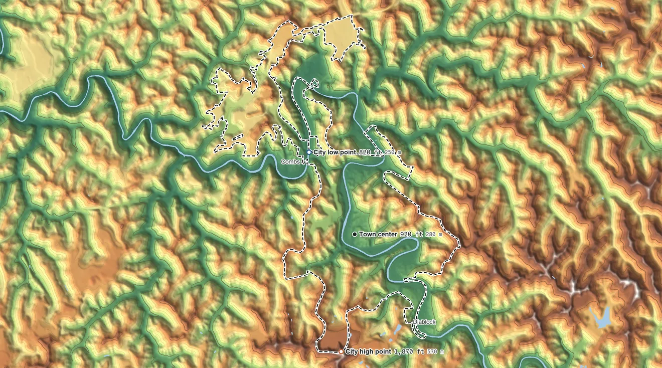 Topographic elevation map of Hazard, Kentucky, shaded from 820 ft on the northwest side to 1,870 ft on the south side