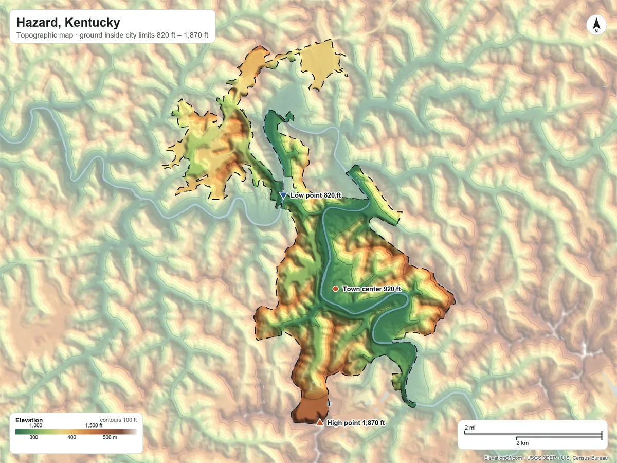 Topographic elevation map of Hazard, Kentucky, shaded from 820 ft on the northwest side to 1,870 ft on the south side