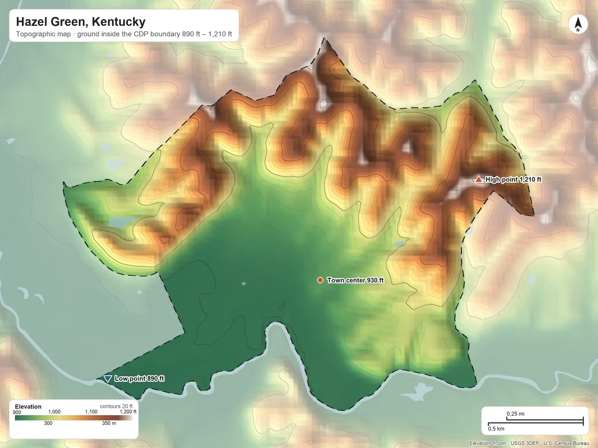Topographic elevation map of Hazel Green, Kentucky, shaded from 890 ft on the southwest side to 1,210 ft on the northeast side