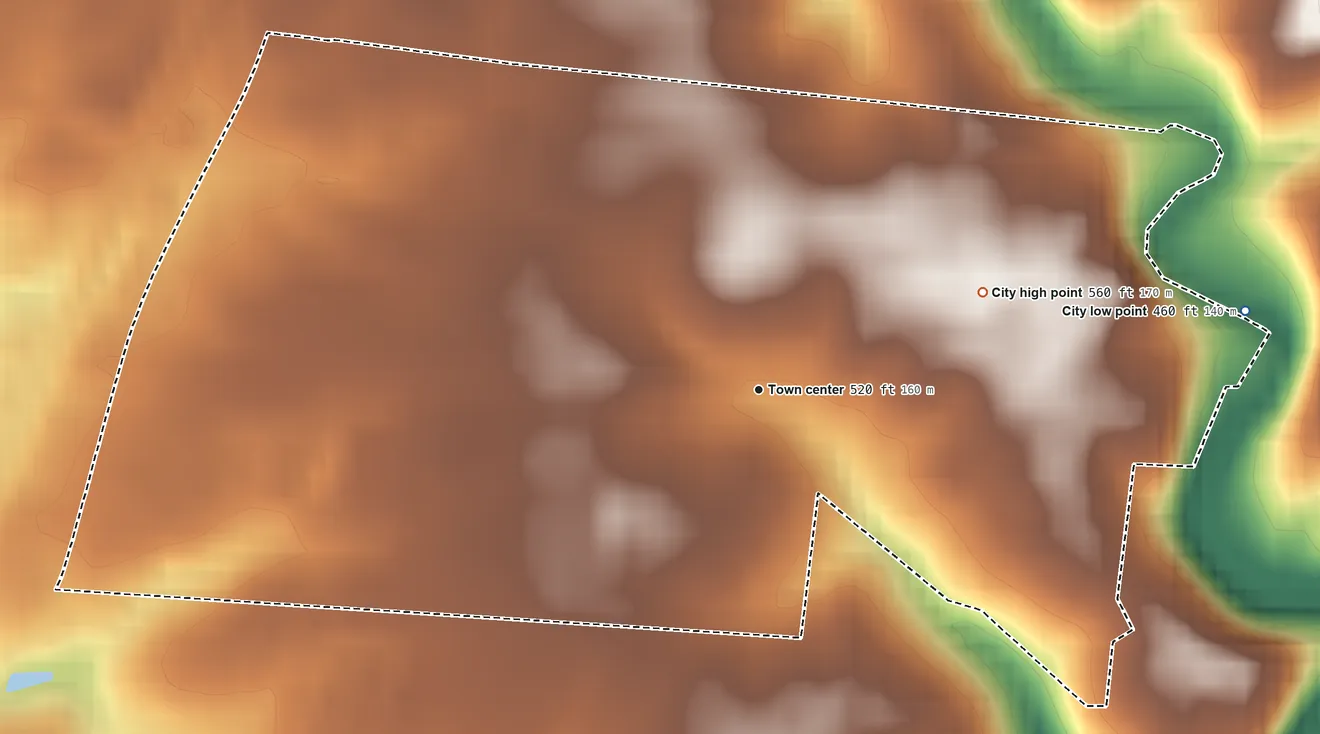 Topographic elevation map of Hebron Estates, Kentucky, shaded from 460 ft on the east side to 560 ft on the northeast side