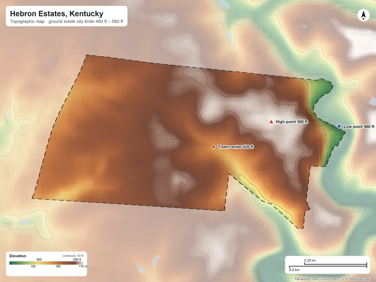 Topographic elevation map of Hebron Estates, Kentucky, shaded from 460 ft on the east side to 560 ft on the northeast side