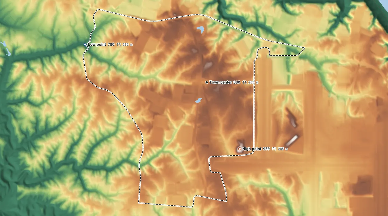 Topographic elevation map of Hebron, Kentucky, shaded from 780 ft on the west side to 930 ft on the southeast side