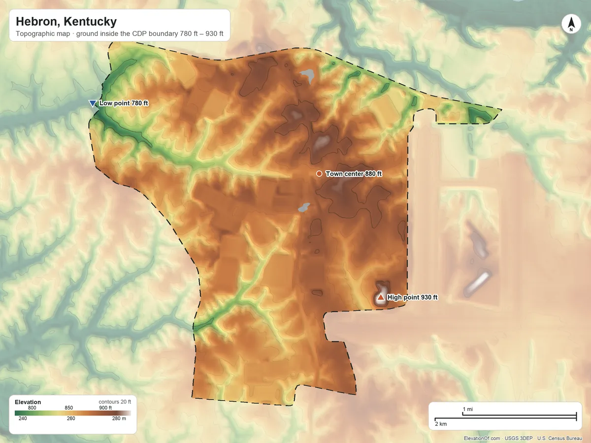 Topographic elevation map of Hebron, Kentucky, shaded from 780 ft on the west side to 930 ft on the southeast side
