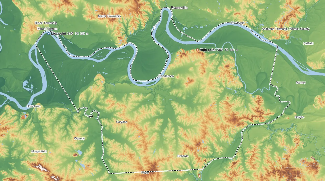 Topographic elevation map of Henderson County, Kentucky, shaded from 340 ft on the northwest side to 580 ft on the northeast side