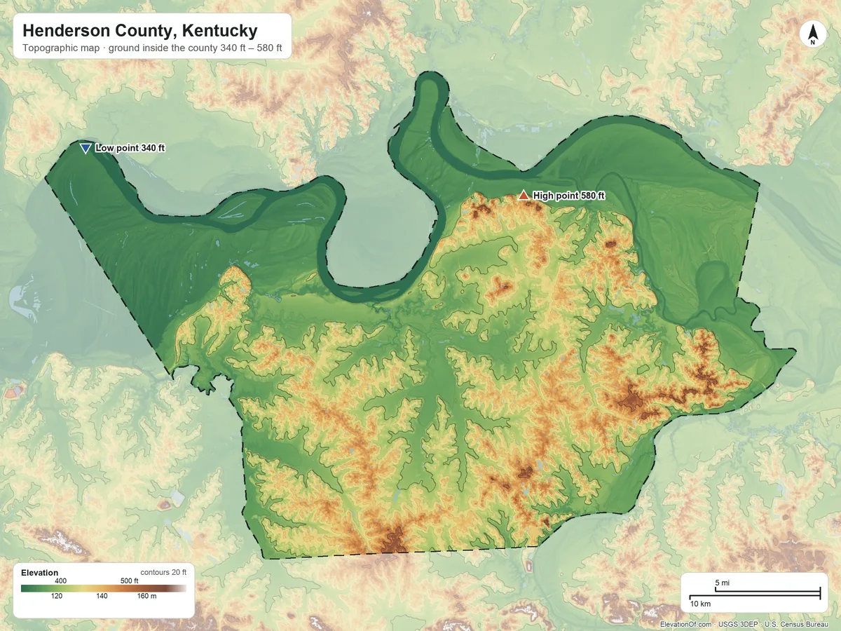 Topographic elevation map of Henderson County, Kentucky, shaded from 340 ft on the northwest side to 580 ft on the northeast side