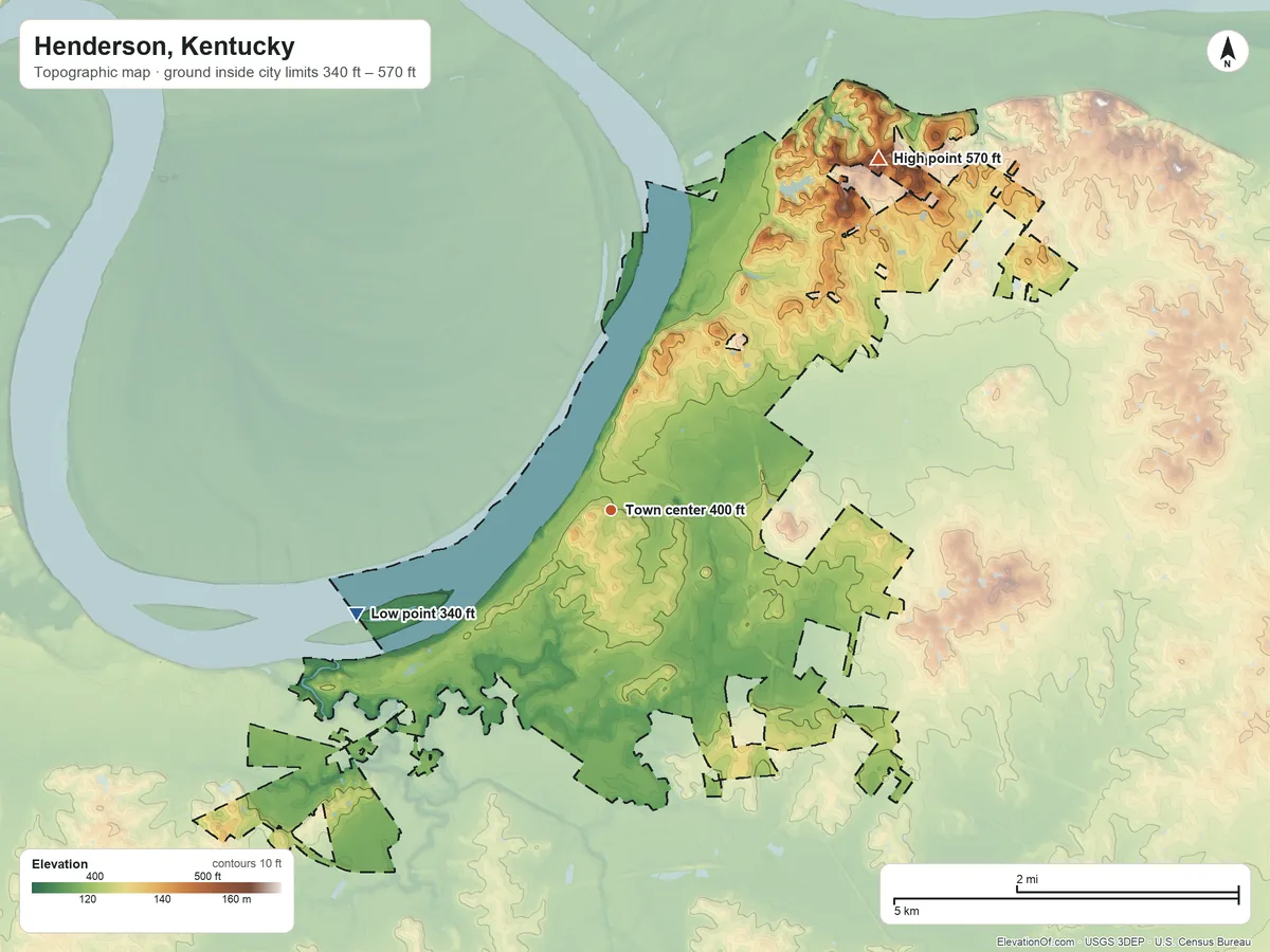 Topographic elevation map of Henderson, Kentucky, shaded from 340 ft on the west side to 570 ft on the northeast side