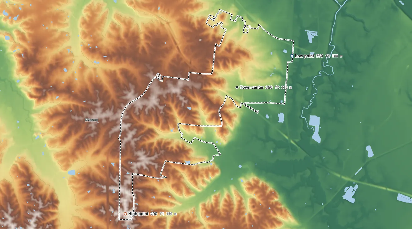 Topographic elevation map of Hendron, Kentucky, shaded from 330 ft on the northeast side to 490 ft on the southwest side