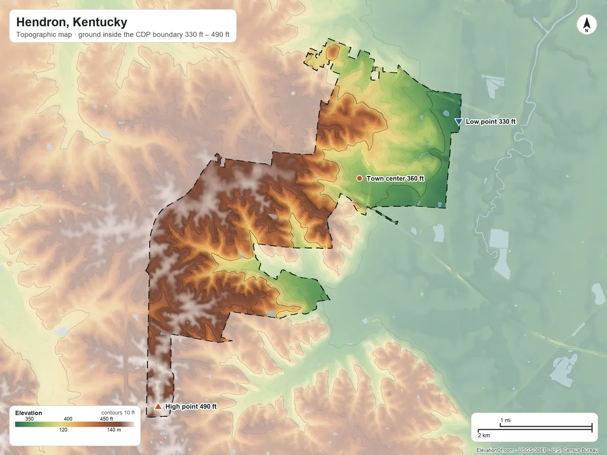 Topographic elevation map of Hendron, Kentucky, shaded from 330 ft on the northeast side to 490 ft on the southwest side