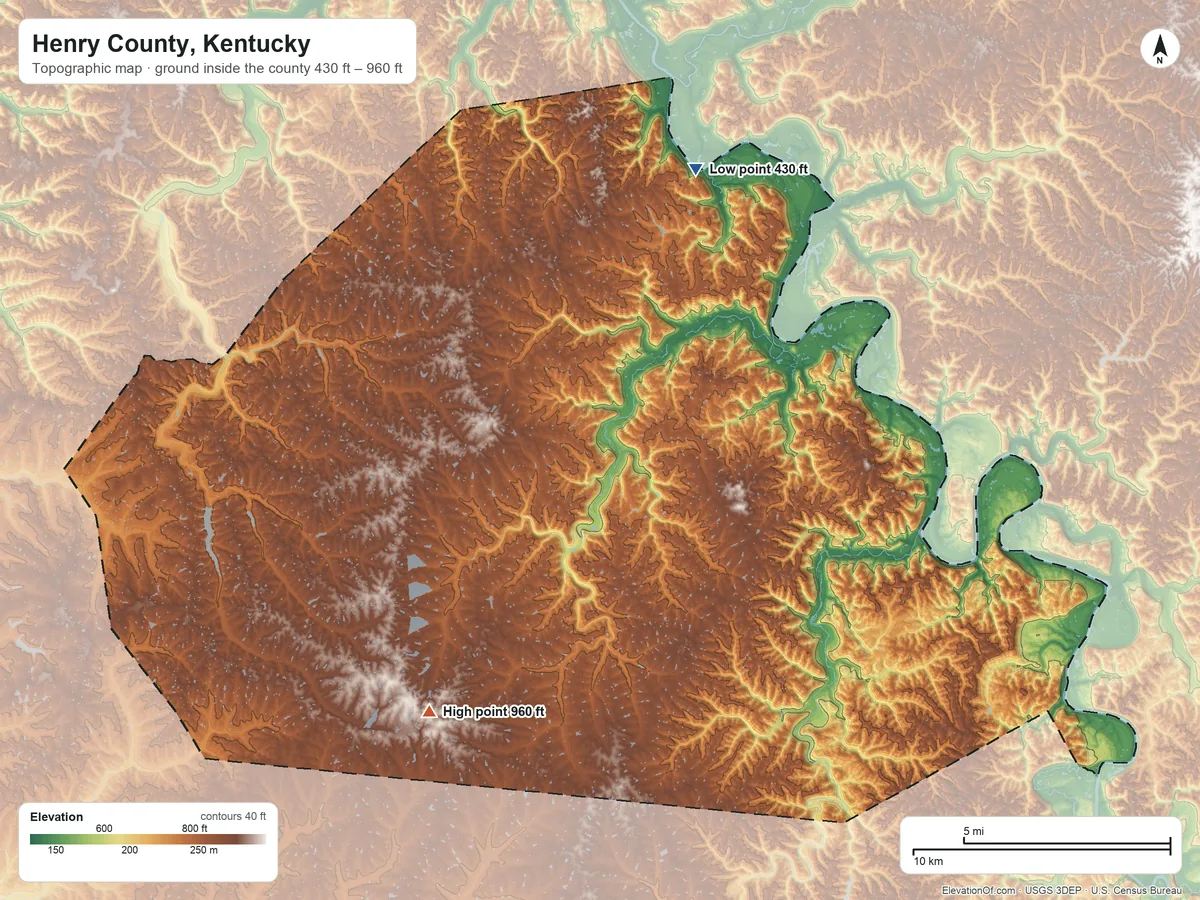Topographic elevation map of Henry County, Kentucky, shaded from 430 ft on the north side to 960 ft on the southwest side