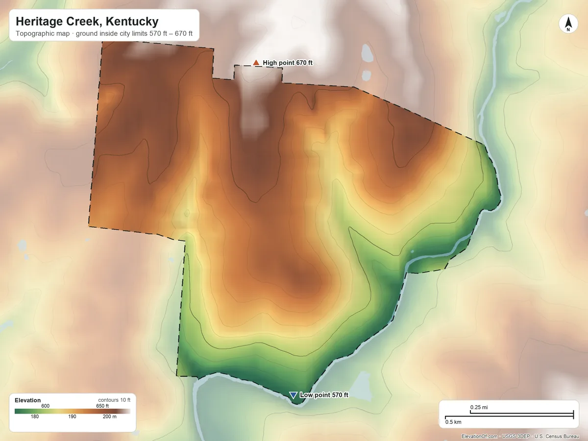 Topographic elevation map of Heritage Creek, Kentucky, shaded from 570 ft on the southeast side to 670 ft on the north side