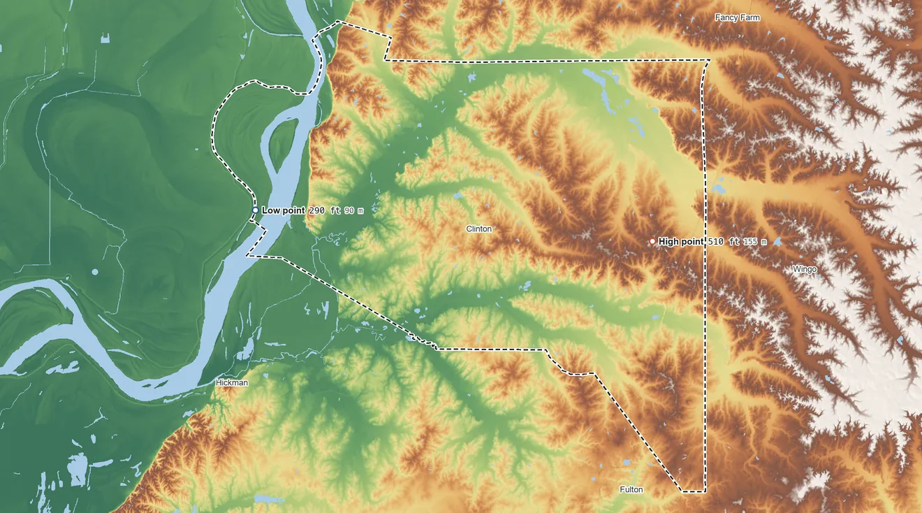 Topographic elevation map of Hickman County, Kentucky, shaded from 290 ft on the west side to 510 ft on the east side